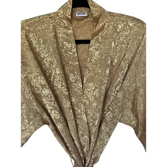 Avon Gold Floral Jacquard Robe Kimono Satin Feel Belted Vintage 80/90s S/M - Picture 7 of 12